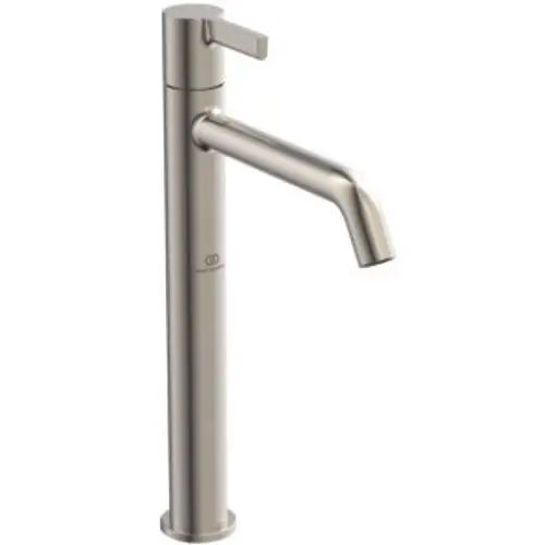 Ein Standventil in silberner Farbe, hergestellt von Ideal Standard, mit moderner Form und einem langen Auslauf für die Verwendung in Badezimmern oder Küchen.